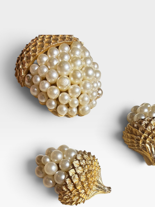 Vintage Crown Trifari Faux Pearl Acorn Brooch Earrings Set Gold Tone Clip On Mid Century Jewellery