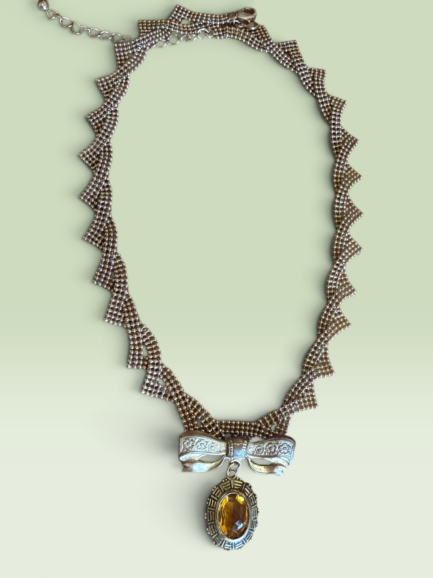 Unique Reworked Bow Brooch Necklace with Faceted Honey-Amber Glass Pendant