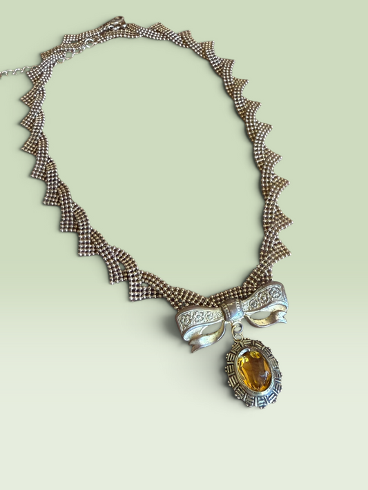 Unique Reworked Bow Brooch Necklace with Faceted Honey-Amber Glass Pendant