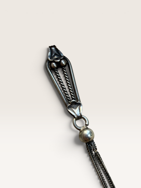 Victorian Sterling Silver Albertina Watch Chain | Antique Chatelaine Key Motif Tassel Fob | 19th Century Ladies Watch Chain