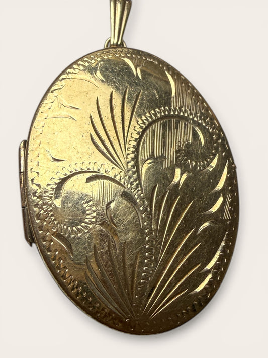 Large Vintage Rolled Gold Locket | Engraved Botanical Design | Statement Oval Keepsake Pendant