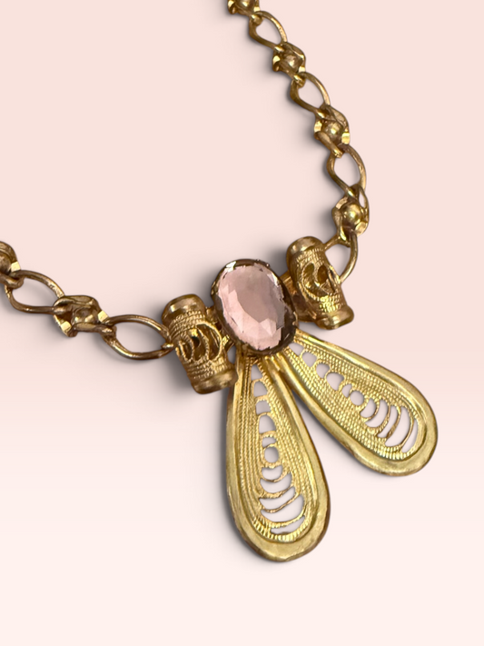 Vintage Mid-Century Czech Gold-Tone Statement Necklace with Amethyst Glass Stone