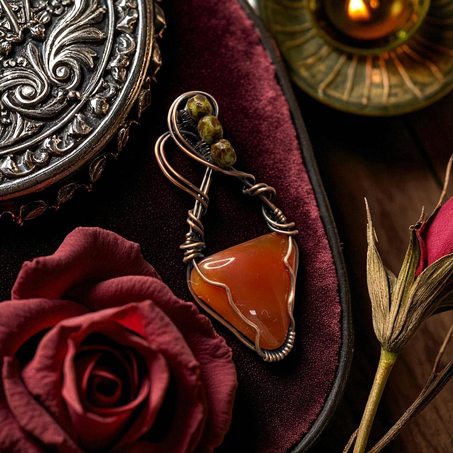 Carnelian & Scottish Agate Copper Pendant – Handcrafted Wire Wrapped Fire Stone Necklace