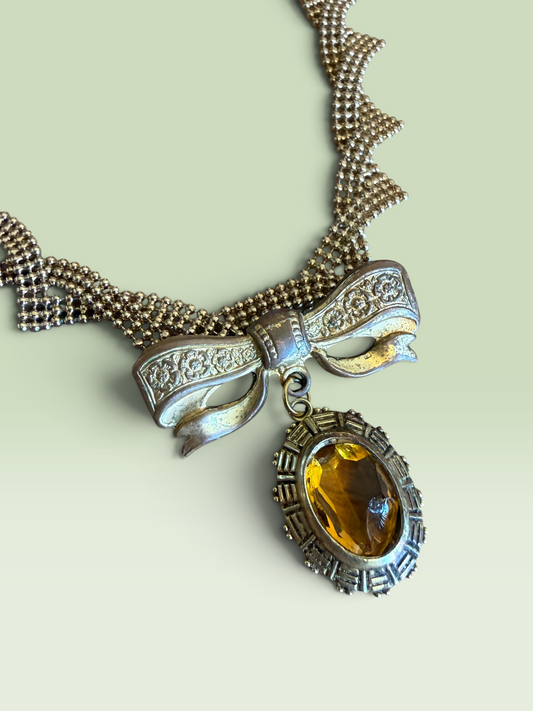 Unique Reworked Bow Brooch Necklace with Faceted Honey-Amber Glass Pendant
