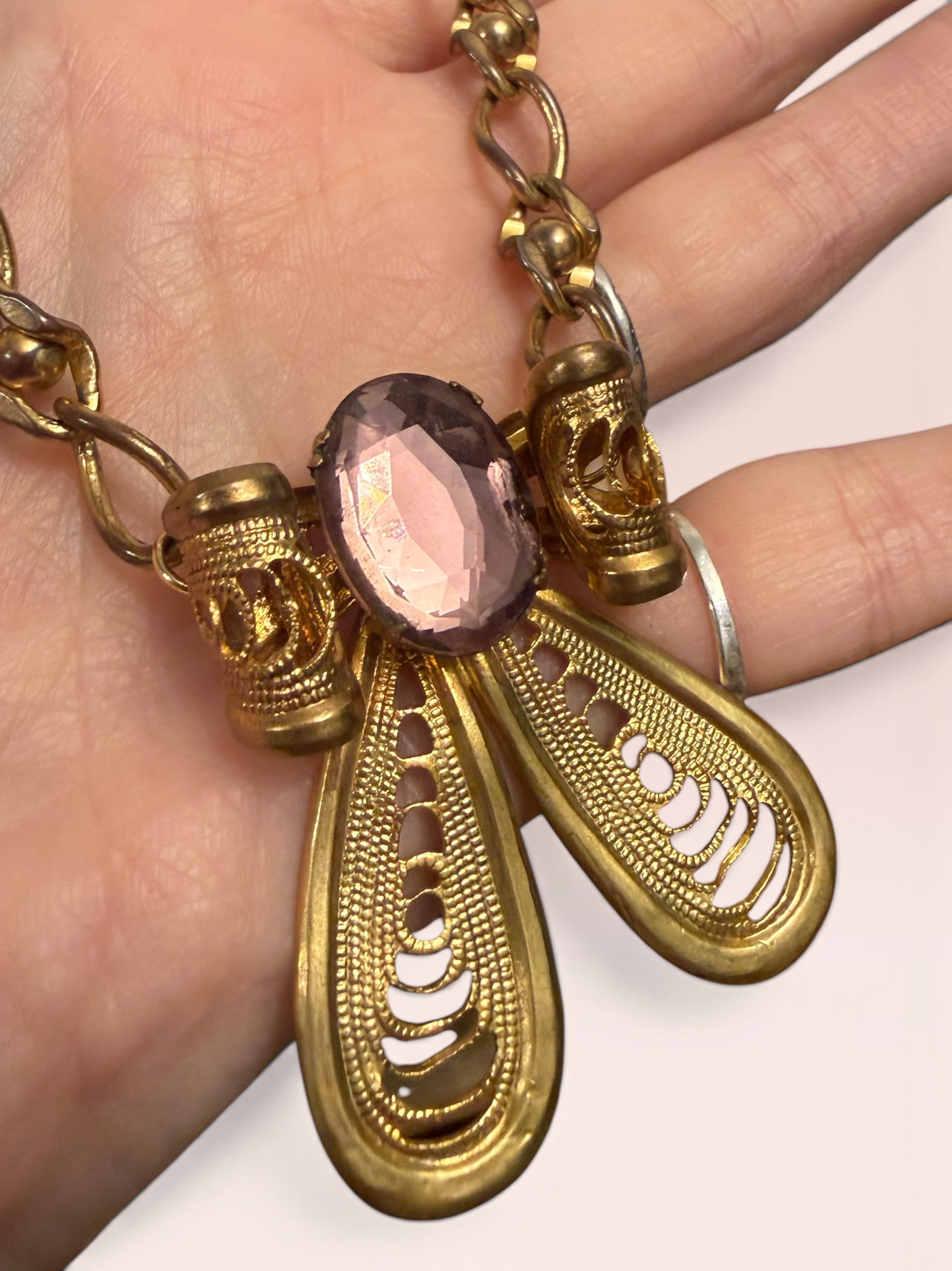 Vintage Mid-Century Czech Gold-Tone Statement Necklace with Amethyst Glass Stone