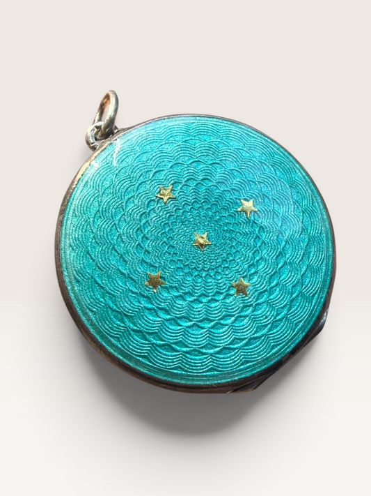 Antique Sterling Silver Guilloché Enamel Locket | Turquoise Blue Celestial Star Photo Pendant | Art Deco 1920s Jewellery