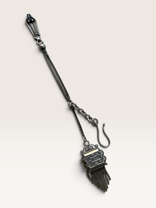 Victorian Sterling Silver Albertina Watch Chain | Antique Chatelaine Key Motif Tassel Fob | 19th Century Ladies Watch Chain