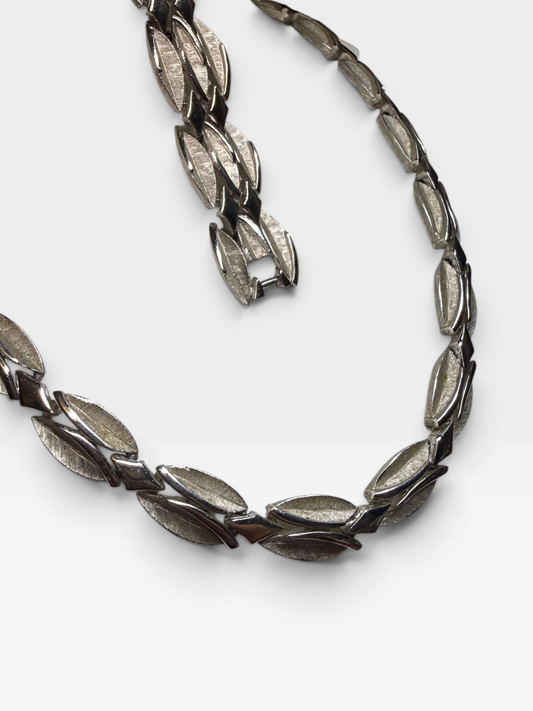 Vintage Crown Trifari Necklace Bracelet Set | 1960s Silver Tone Leaf Demi Parure | Signed Mid Century Designer Jewellery
