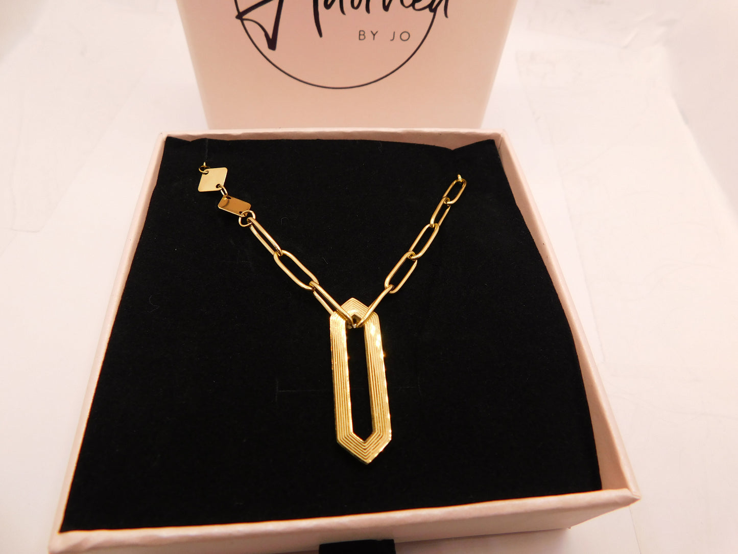 Asymmetrical paperclip chain with elongated hexagon pendant necklace