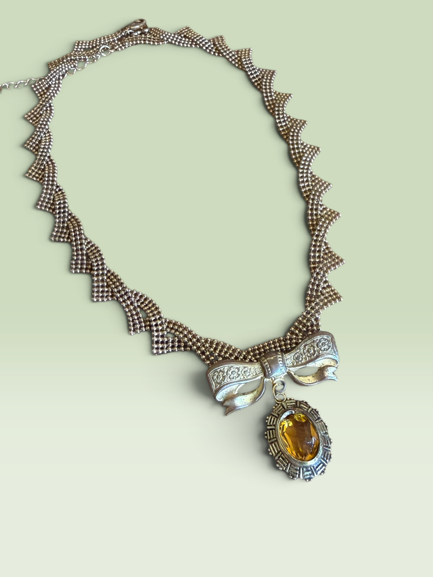 Unique Reworked Bow Brooch Necklace with Faceted Honey-Amber Glass Pendant
