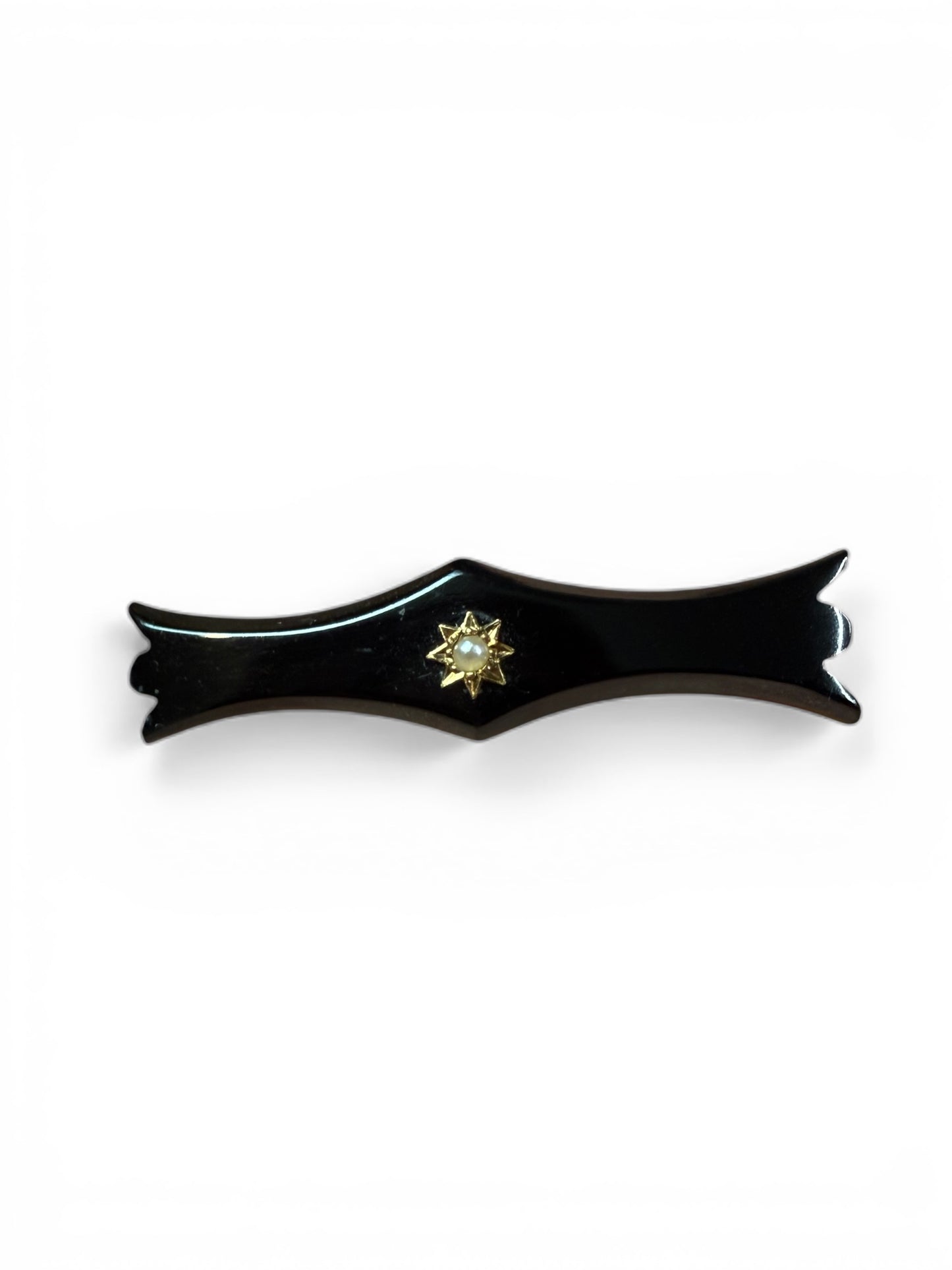 Victorian Whitby Jet Mourning Brooch | Silver Set Seed Pearl Star | Antique Memorial Pin