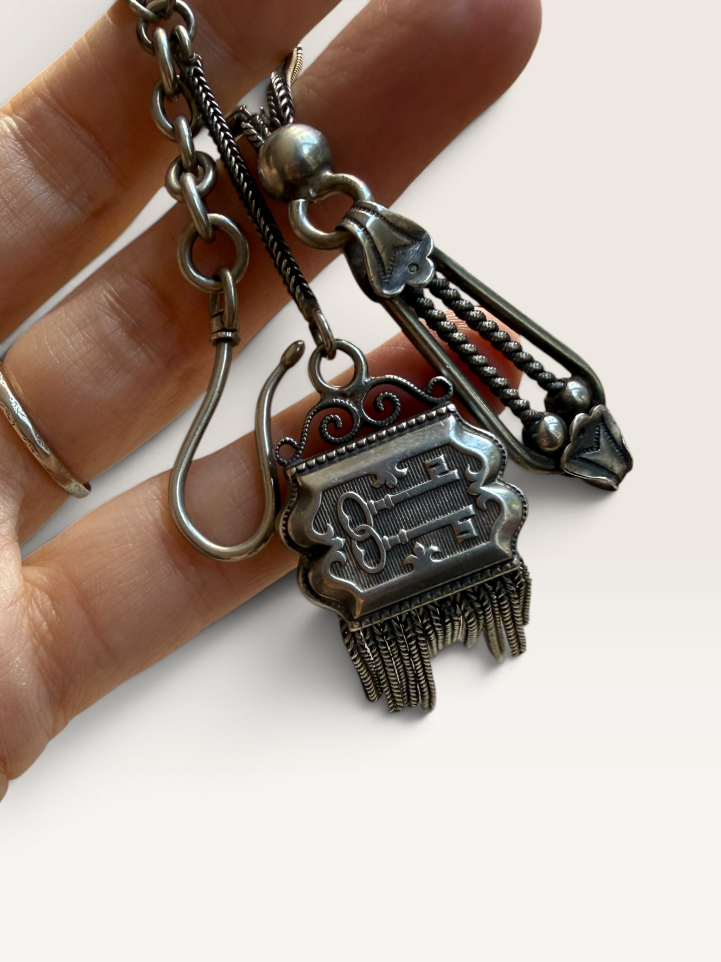 Victorian Sterling Silver Albertina Watch Chain | Antique Chatelaine Key Motif Tassel Fob | 19th Century Ladies Watch Chain