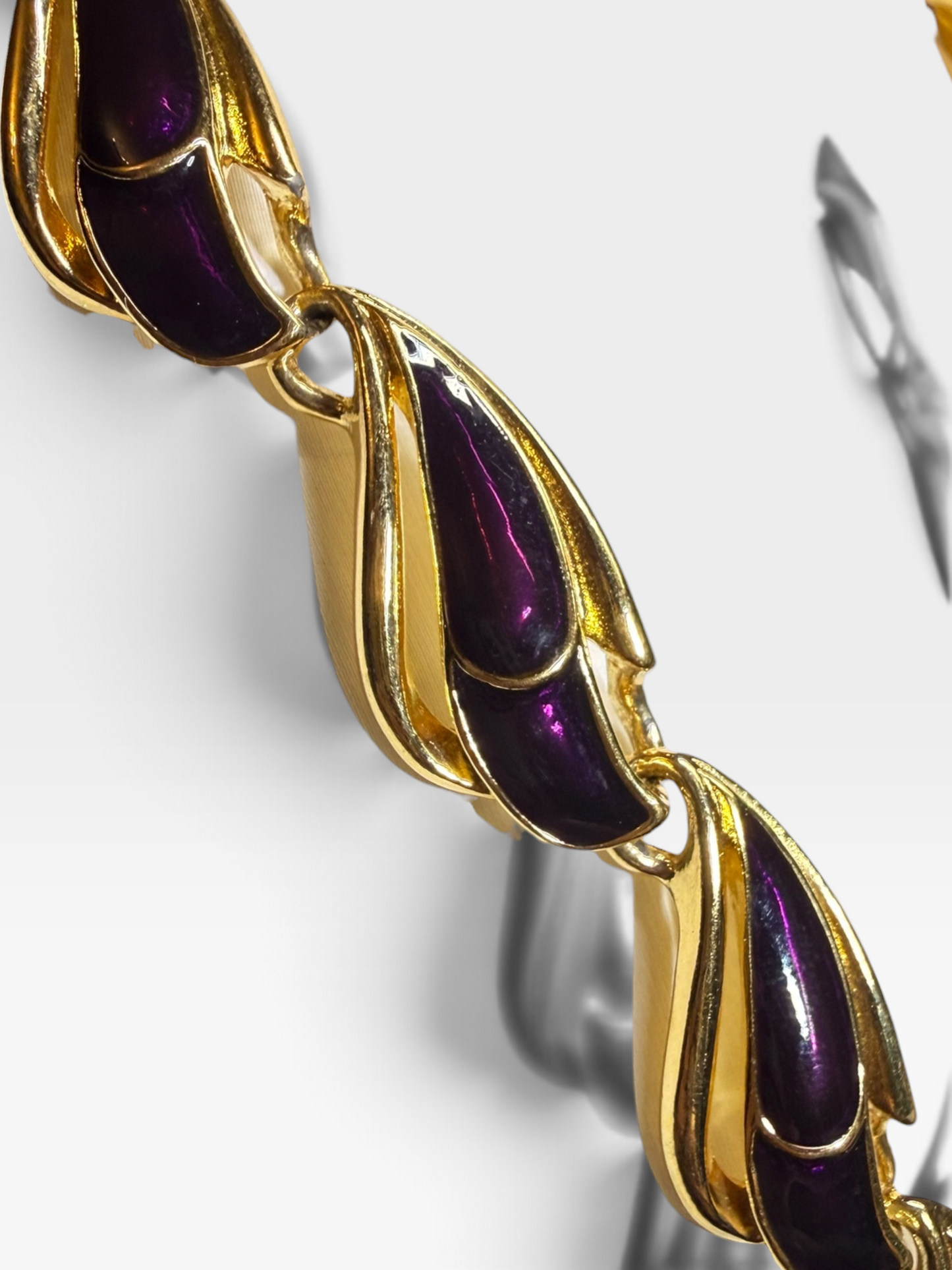 Vintage 1990s Trifari Purple Enamel Necklace Unworn With Tag Gold Tone Modernist Statement Collar NOS