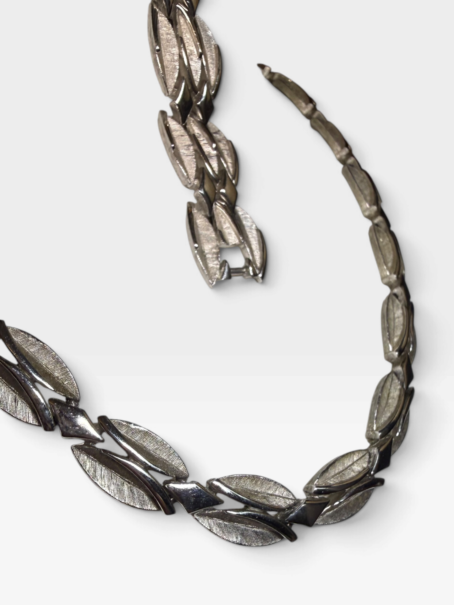 Vintage Crown Trifari Necklace Bracelet Set | 1960s Silver Tone Leaf Demi Parure | Signed Mid Century Designer Jewellery