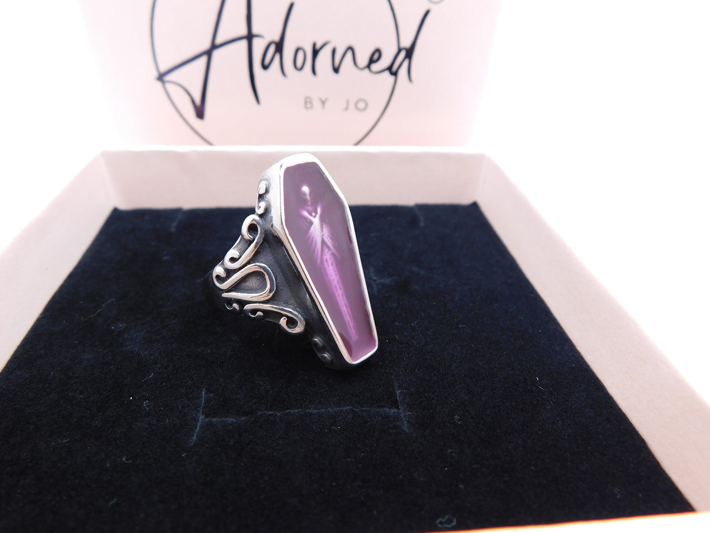 Resting in peace coffin ring- purple