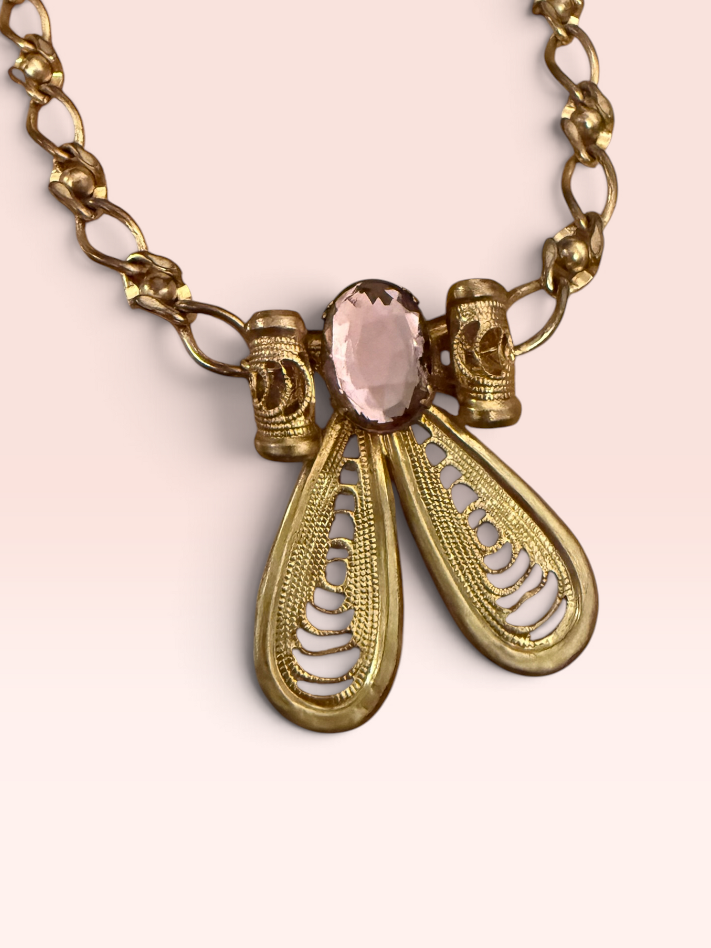 Vintage Mid-Century Czech Gold-Tone Statement Necklace with Amethyst Glass Stone