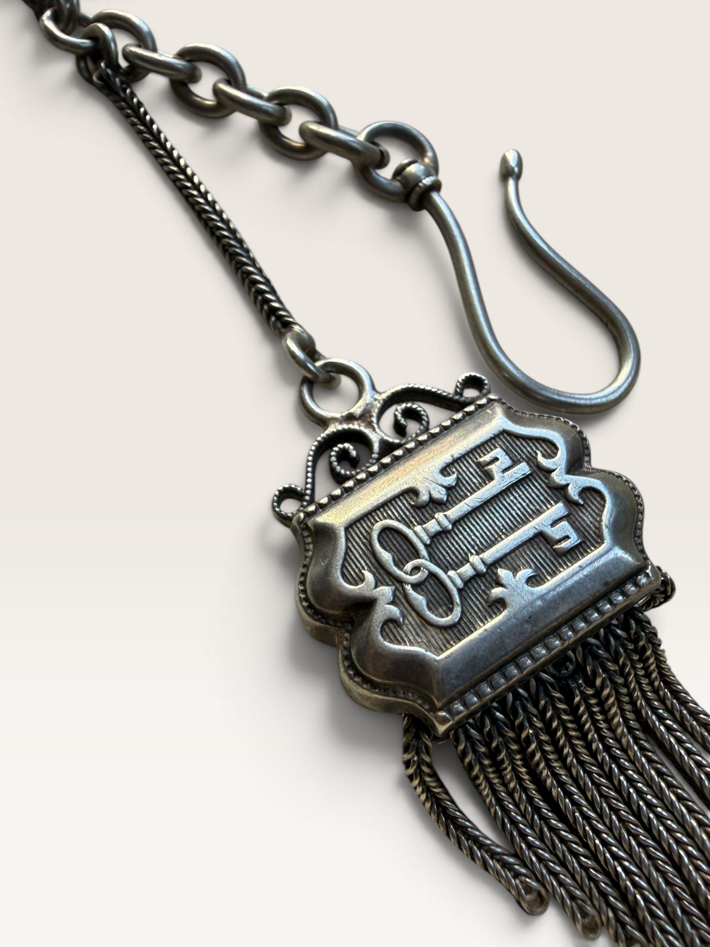 Victorian Sterling Silver Albertina Watch Chain | Antique Chatelaine Key Motif Tassel Fob | 19th Century Ladies Watch Chain