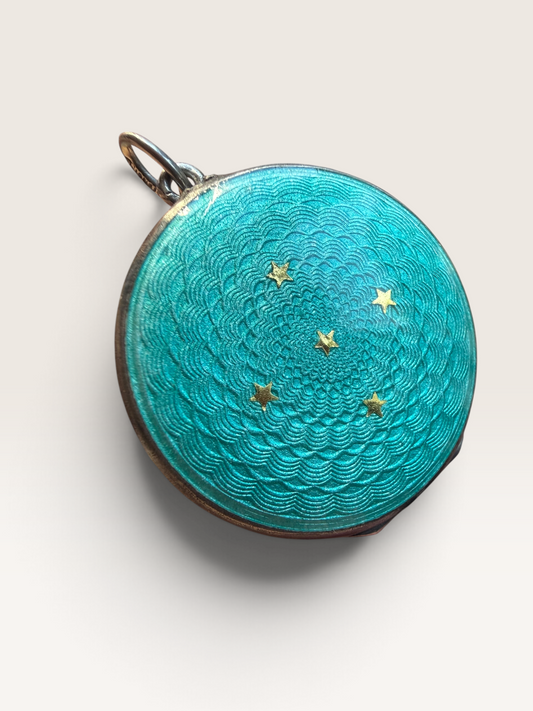 Antique Sterling Silver Guilloché Enamel Locket | Turquoise Blue Celestial Star Photo Pendant | Art Deco 1920s Jewellery