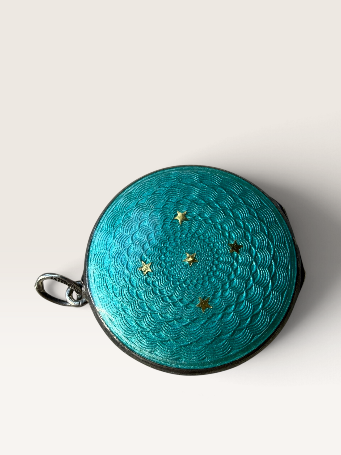 Antique Sterling Silver Guilloché Enamel Locket | Turquoise Blue Celestial Star Photo Pendant | Art Deco 1920s Jewellery