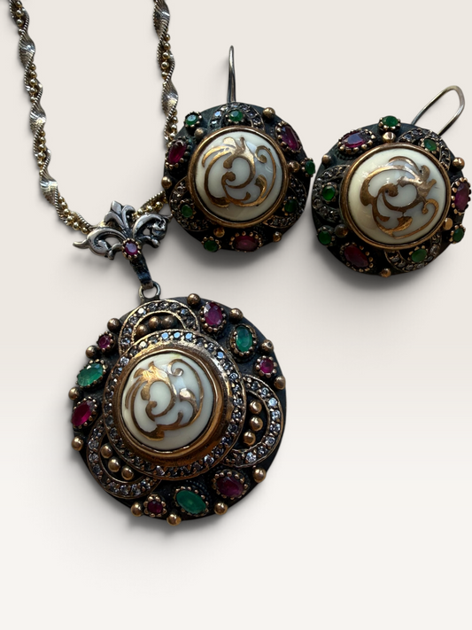 Vintage Turkish Silver Jewellery Set | Tested Ruby & Emerald Necklace Earrings | Gold Gilt Ottoman Revival
