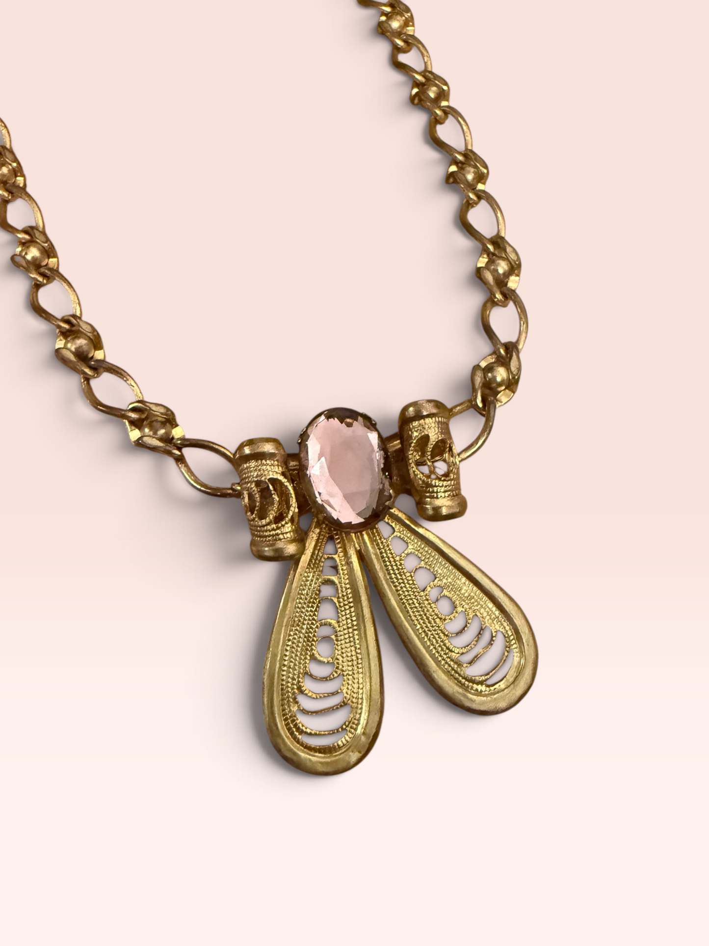 Vintage Mid-Century Czech Gold-Tone Statement Necklace with Amethyst Glass Stone