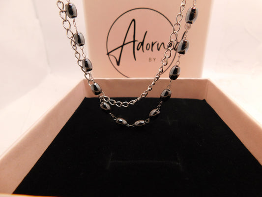 Hematite bead and chain layered necklace