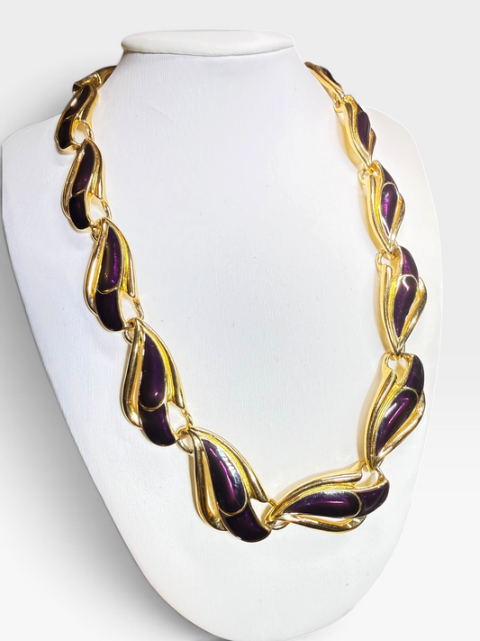 Vintage 1990s Trifari Purple Enamel Necklace Unworn With Tag Gold Tone Modernist Statement Collar NOS