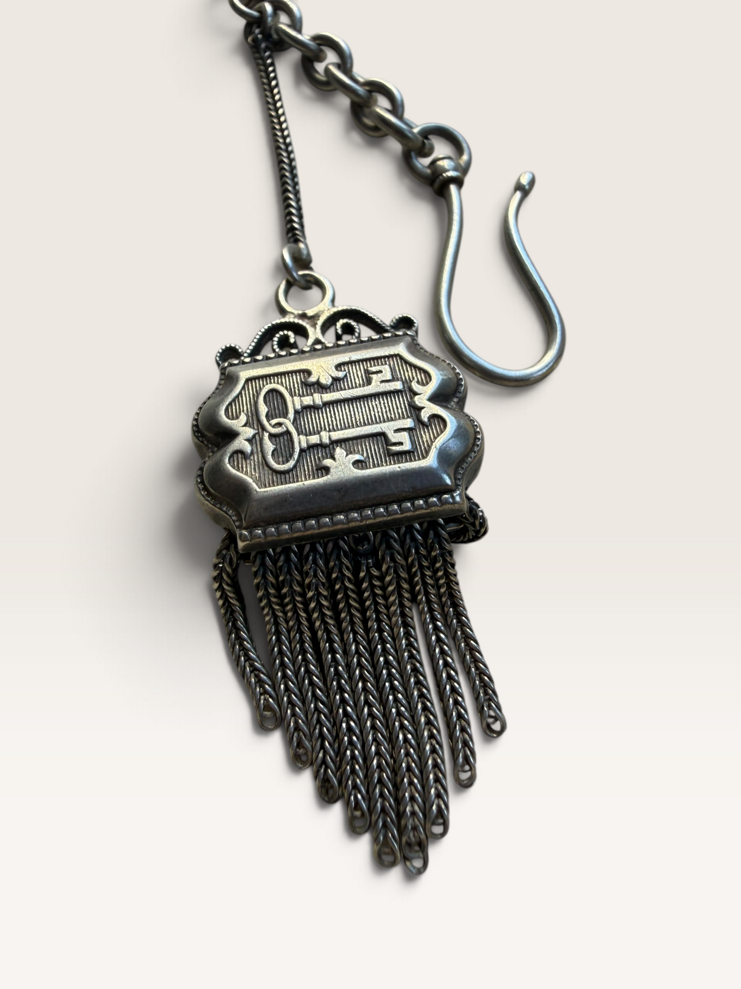 Victorian Sterling Silver Albertina Watch Chain | Antique Chatelaine Key Motif Tassel Fob | 19th Century Ladies Watch Chain