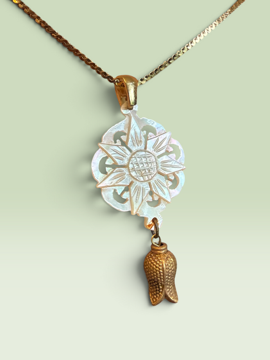 Carved Mother-of-Pearl Floral Pendant Necklace with Gold-Tone Flower Bud Drop
