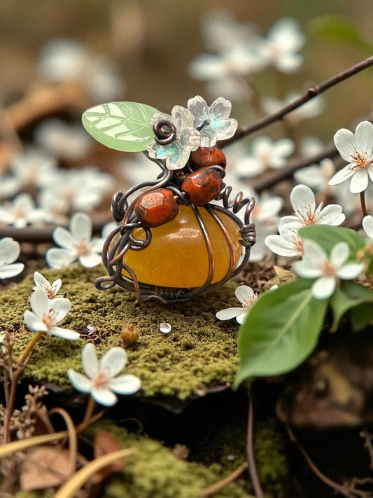 Autumn Quartz Pumpkin Pendant – Copper Wire Wrapped with Jasper, Glass Leaves & Blossoms